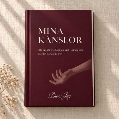 Mina Känslor – vinröd bok med hårda pärmar, ljus text och en utsträckt hand på omslaget