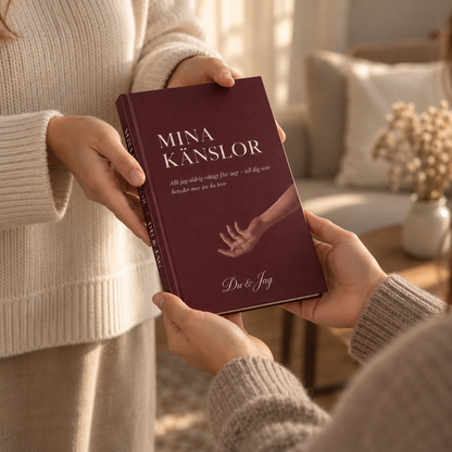 Två händer håller den stängda boken Mina Känslor mot en stickad tröja