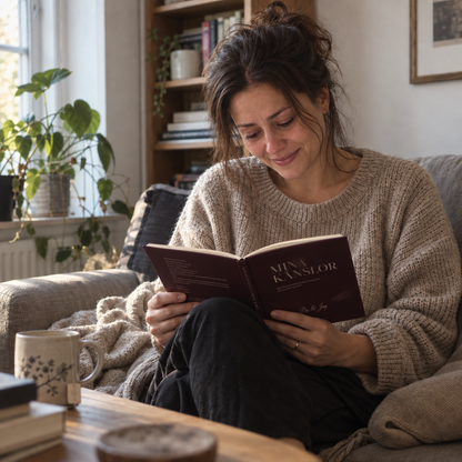Kvinna sitter i soffan hemma och läser Mina Känslor med ett leende